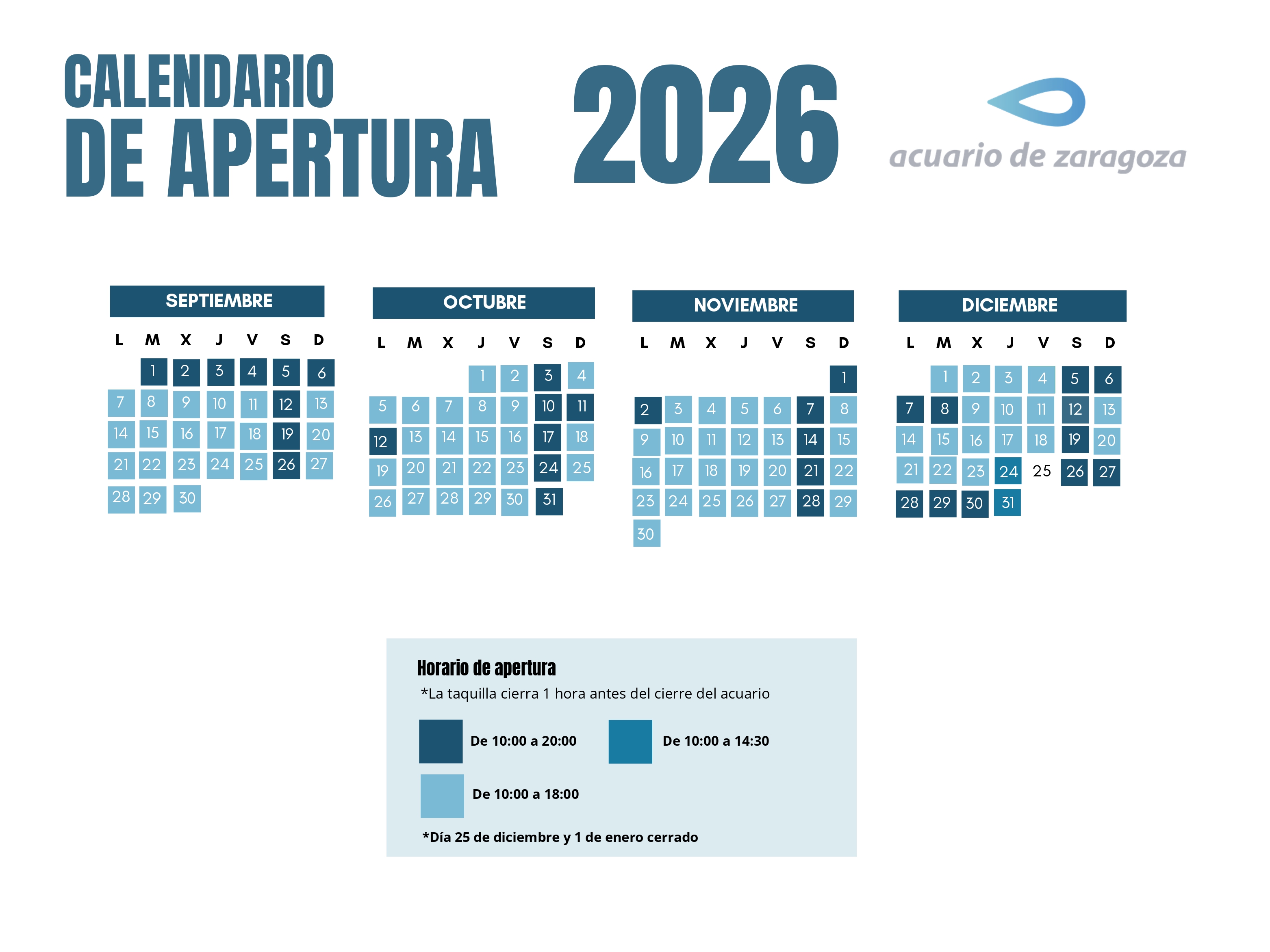 Calendario de apertura del Acuario de Zaragoza de septiembre a diciembre de 2026